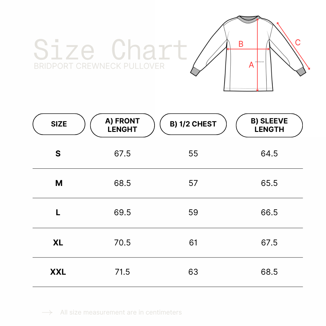 Size chart for Bridport Crewneck Pullover with measurements in centimeters