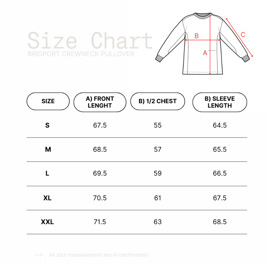 Size chart for Bridport Crewneck Pullover with measurements in centimeters