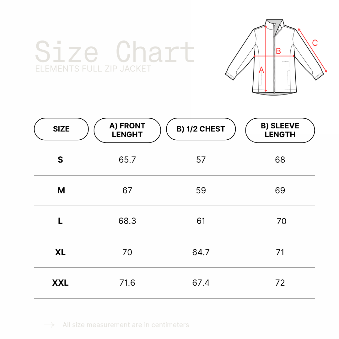 Size chart for Elements Full Zip Jacket with measurements in centimeters.