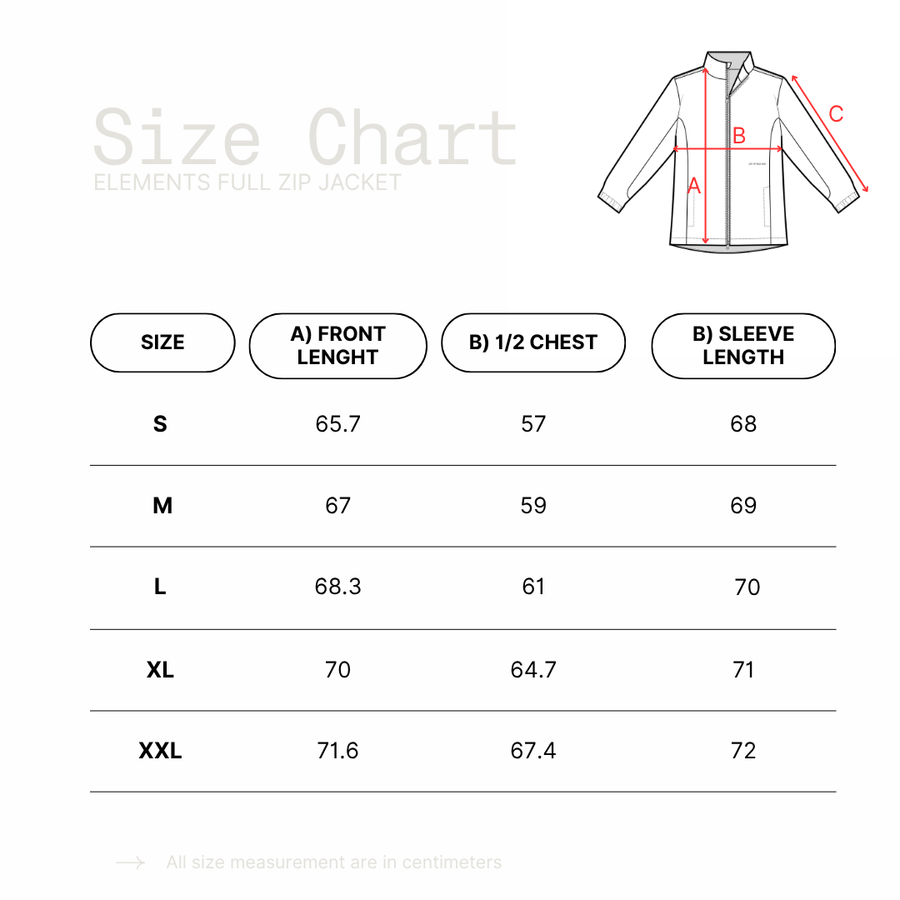 Size chart for Elements Full Zip Jacket with measurements in centimeters.